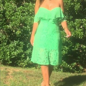 Pretty little thing off the shoulder green dress